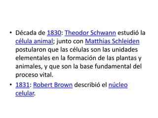 • Década de 1830: Theodor Schwann estudió la
  célula animal; junto con Matthias Schleiden
  postularon que las células son las unidades
  elementales en la formación de las plantas y
  animales, y que son la base fundamental del
  proceso vital.
• 1831: Robert Brown describió el núcleo
  celular.
 