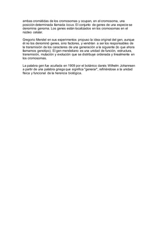 ambas cromátidas de los cromosomas y ocupan, en el cromosoma, una
posición determinada llamada locus. El conjunto de genes de una especie se
denomina genoma. Los genes están localizados en los cromosomas en el
núcleo celular.
Gregorio Mendel en sus experimentos propuso la idea original del gen, aunque
él no los denominó genes, sino factores, y vendrían a ser los responsables de
la transmisión de los caracteres de una generación a la siguiente (lo que ahora
llamamos genotipo). El gen mendeliano es una unidad de función, estructura,
transmisión, mutación y evolución que se distribuye ordenada y linealmente en
los cromosomas.
La palabra gen fue acuñada en 1909 por el botánico danés Wilhelm Johannsen
a partir de una palabra griega que significa "generar", refiriéndose a la unidad
física y funcional de la herencia biológica.
 