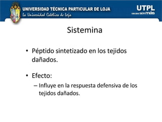 Sistemina Péptido sintetizado en los tejidos dañados. Efecto:  Influye en la respuesta defensiva de los tejidos dañados. 