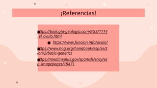 ¡Referencias!
●
https://biologia-geologia.com/BG3/1114
_el_ovulo.html
● https://www.funcion.info/ovulo/
●
https://www.hog.org/handbook/esp/sect
ion/2/basic-genetics
●
https://medlineplus.gov/spanish/ency/es
p_imagepages/19471
 