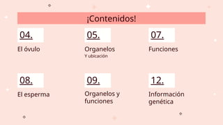 El óvulo
04.
Organelos
05.
Y ubicación
Funciones
07.
El esperma
08.
Organelos y
funciones
09.
Información
genética
12.
¡Contenidos!
 