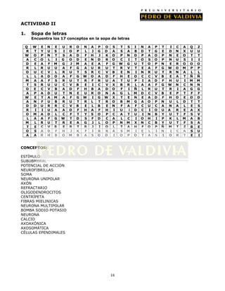 ACTIVIDAD II

1.    Sopa de letras
      Encuentra los 17 conceptos en la sopa de letras

 Q    W    E   N   E   U    R   O   N   A   P   O   S    T   S    I   N   A   P   T    I   C   A   Q   Z
 R    T    Y   U   S    I   O   P   L   J   G   D   A    S   A    B   D   T   G   E   D    N   X   U   U
 W    O    P   N   T   S    A   D   F   H   J   K   O    P   N    D   P   A   O   P   N    E   O   T   T
 A    C    O   L   I   G    O   D   E   N   D   R   O    C   I    T   O   S   O   P   N    U   S   I   I
 D    E    A   F   M   G    J   M   A   E   A   F   G    W   G    U   T   O   P   N    E   R   O   O   O
 R    L    R   U   U   A    F   G   A   U   R   U   T    R   V    T   E   A   F   G   W    O   M   P   P
 O    U    C   V   L   R    U   T   S   R   C   V   B    E   N    I   N   R   U   T   R    N   A   L   L
  L   L    A   D   O   A    F   G   W   O   A   D   F    H   E    O   C   C   V   B    E   A   T   Ñ   Ñ
 M    A    A   F   S   R    U   T   R   F   R   U   A    T   U    P   I   A   D   F   H    U   I   M   M
  T   S    R   U   U   C    V   B   E   I   C   V   X    B   R    L   A   A   F   G   W    N   C   N   N
 O    E    C   V   B   A    D   F   H   B   A   D   O    F   I    Ñ   L   R   U   T   R    I   A   G   G
 A    P    A   D   U   T    N   E   U   R   O   N   A    G   L    M   D   C   V   B    E   P   T   F   F
 W    E    T   A   M   A    F   G   W   I   G   W   X    T   E    N   E   A   D   F   H    O   E   D   D
 A    N    F   U   B   R    U   T   R   L   T   R   O    B   M    G   A   O   P   N   U    L   D   T   T
 D    D    U   R   R   C    V   B   E   L   B   E   N    F   A    F   C   U   C   A   N    A   L   E   S
 R     I   I   U   A   A    D   F   H   A   F   H   I    U    i   D   C   I   O   U   A    R   E   A   X
 O    M    A   D   L   C    F   T   Y   S   O   P   C    A   T    U   I   N   B   Y   U    T   F   S   V
  L   A    A   F   G   W    T   D   S   F   D   C   A    L   C    I   O   H   I   P   K    L   M   A   B
 M    L    R   U   T   R    E   A   G   J   L   O   P    N   M    X   N   C   B   Y   U    T   F   S   A
  T   E    C   V   B   E    R   T   R   J   I   O   L    T   A    H   F   O   P   Ñ   M    T   Z   B   E
 O    S    A   D   F   H    J   K   F   I   B   R   A    S   M    I   E   L   I   N    I   C   A   S   U
 A    A    R   H   B   O    M   B   A   S   O   D   I    O   P    O   T   A   S   I   O    R   T   E   I


CONCEPTOS:

ESTÍMULO
SUBUBMBRAL
POTENCIAL DE ACCIÓN
NEUROFIBRILLAS
SOMA
NEURONA UNIPOLAR
AXÓN
REFRACTARIO
OLIGODENDROCITOS
CENTRÍPETA
FIBRAS MIELINICAS
NEURONA MULTIPOLAR
BOMBA SODIO POTASIO
NEURONA
CALCIO
AXOAXÓNICA
AXOSOMÁTICA
CÉLULAS EPENDIMALES




                                                    16
 