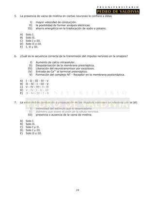5.   La presencia de vaina de mielina en ciertas neuronas le confiere a éstas

             I)     mayor velocidad de conducción.
            II)     la posibilidad de formar sinápsis eléctricas.
           III)     ahorro energético en la traslocación de sodio y potasio.

     A)   Solo I.
     B)   Solo II.
     C)   Solo I y III.
     D)   Solo II y III.
     E)   I, II y III.


6.   ¿Cuál es la secuencia correcta de la transmisión del impulso nervioso en la sinapsis?

             I)     Aumento de calcio intracelular.
            II)     Despolarización de la membrana presináptica.
           III)     Liberación del neurotransmisor por exocitosis.
           IV)      Entrada de Ca2+ al terminal presináptico.
            V)      Formación del complejo NT - Receptor en la membrana postsináptica.

     A)   I - II - III - IV - V
     B)   II - IV - I - III - V
     C)   V - IV - III - I - II
     D)   V - IV - I - II - III
     E)   II - IV - III - I – V


7.   La velocidad de conducción o propagación de los impulsos nerviosos se relaciona con la (el)

             I)     intensidad del estímulo que lo desencadena.
            II)     diámetro que posee el axón de la célula nerviosa.
           III)     presencia o ausencia de la vaina de mielina.

     A)   Solo   I.
     B)   Solo   II.
     C)   Solo   I y II.
     D)   Solo   I y III.
     E)   Solo   II y III.




                                                   19
 