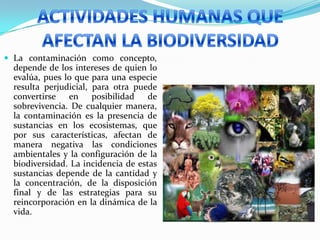  La contaminación como concepto,
depende de los intereses de quien lo
evalúa, pues lo que para una especie
resulta perjudicial, para otra puede
convertirse en posibilidad de
sobrevivencia. De cualquier manera,
la contaminación es la presencia de
sustancias en los ecosistemas, que
por sus características, afectan de
manera negativa las condiciones
ambientales y la configuración de la
biodiversidad. La incidencia de estas
sustancias depende de la cantidad y
la concentración, de la disposición
final y de las estrategias para su
reincorporación en la dinámica de la
vida.
 