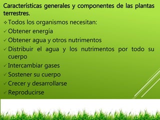 Características generales y componentes de las plantas
terrestres.
Todos los organismos necesitan:
 Obtener energía
 Obtener agua y otros nutrimentos
 Distribuir el agua y los nutrimentos por todo su
cuerpo
 Intercambiar gases
 Sostener su cuerpo
 Crecer y desarrollarse
 Reproducirse
 