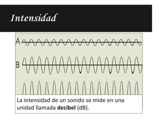 Intensidad
La intensidad de un sonido se mide en una
unidad llamada decibel (dB).
 