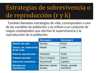Estrategias de sobrevivencia o
de reproducción (r y k)
También llamadas estrategias de vida, corresponden a una
de las var...