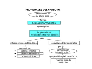 PROPIEDADES DEL CARBONO
                            4 electrones en
                            su última capa
                              y forman
                         ENLACES COVALENTES
                              que originan

                              largas cadenas
                       hidrocarbonadas muy estables
                                  con

enlaces simples,dobles, triples                estructuras tridimensionales
                                                      por la
          que originan
           cadenas lineales                          conformación
                                                   tetraédrica del C
            cadenas ramificadas
           cadenas cíclicas                  que posibilitan la formación de
                                                    muchos tipos de
                                                      moléculas
 