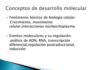  Fenómenos básicos de biología celular:
Crecimiento, movimiento
celular,interacciones núcleocitoplasma.
 Eventos moleculares y su regulación:
análisis de ADN, RNA, transcripción
diferencial,regulación postraduccional,
inducción
 
