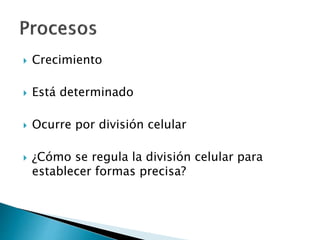  Crecimiento
 Está determinado
 Ocurre por división celular
 ¿Cómo se regula la división celular para
establecer formas precisa?
 