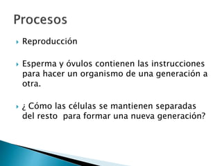  Reproducción
 Esperma y óvulos contienen las instrucciones
para hacer un organismo de una generación a
otra.
 ¿ Cómo las células se mantienen separadas
del resto para formar una nueva generación?
 