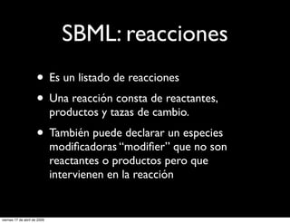 SBML: reacciones
                      • Es un listado de reacciones
                      • Una reacción consta de reacta...
