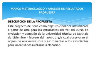 MARCO METODOLÓGICO Y ANÁLISIS DE RESULTADOS
PROPUESTA
DESCRIPCION DE LA PROPUESTA
Este proyecto de tiene como objetivo clonar células madres
a partir de otra para los estudiantes del v01 del curso de
nivelación y admisión de la universidad técnica de Machala
de diciembre - febrero del 2013-2014,la cual observaran el
origen de una nueva rosa y así fomentar a los estudiantes
para incentivarlos a realizar la clonación.

 