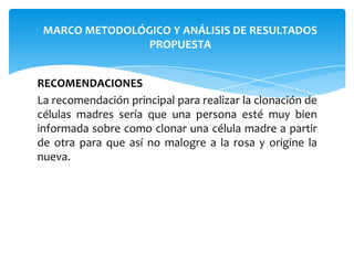 MARCO METODOLÓGICO Y ANÁLISIS DE RESULTADOS
PROPUESTA
RECOMENDACIONES
La recomendación principal para realizar la clonación de
células madres sería que una persona esté muy bien
informada sobre como clonar una célula madre a partir
de otra para que así no malogre a la rosa y origine la
nueva.

 