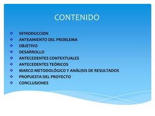 CONTENIDO










INTRODUCCION
ANTEAMIENTO DEL PROBLEMA
OBJETIVO
DESARROLLO
ANTECEDENTES CONTEXTUALES
ANTECEDENTES TEÓRICOS
MARCO METODOLÓGICO Y ANÁLISIS DE RESULTADOS
PROPUESTA DEL PROYECTO
CONCLUSIONES
4. RECOMENDACIONES

 