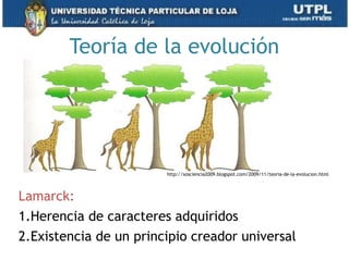 Teoría de la evolución
Lamarck:
1.Herencia de caracteres adquiridos
2.Existencia de un principio creador universal 65
http://sosciencia2009.blogspot.com/2009/11/teoria-de-la-evolucion.html
 