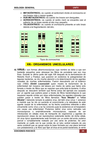 BIOLOGÍA GENERAL UNFV
EDICIONES ROCOCÓ 35
 METACÉNTRICO.- es cuando el centromeró divide al cromosoma en
dos brazos más o menos iguales.
 SUB METACÉNTRICO.- es cuando los brazos son desiguales.
 ACROCENTRICO.- es cuando el centro meró se encuentra casi al
extremo de un brazo siendo el otro muy pequeño.
 TELOCENTRICO.- es cuando el cromosoma presenta un solo brazo
debido a la fragmentación del otro.
Tipos de cromosomas
XIII.- ORGANISMOS UNICELULARES
A) VIRUS.- son formas ultramicroscópicas cuyo nombre se debe a que son
bastante pequeños para atravesar los filtros de porcelana que son muy
finos. Durante la última parte del siglo XIX después de la demostración de
Roberto Koch y Pasteur, que pusieron en evidencia la patogeneidad de
lagunas bacterias, se dio mucha atención a la determinación de los agentes
causales de muchas enfermedades. Fueron descubierto por el botánico
ruso (1892) Dimitri Lwanosiski quien mostro la transmisión de la
enfermedad del mosaico del tabaco por medio de sabía que había sido
forrada a través de filtros que se suponen que evita toda la bacteria. 6 años
después se descubrió también que fibrina actúa del ejemplo era causada
por un agente que pudiera pasar a través de filtros bacteriológicos lo que
requieren reporte similar por otras enfermedades, los agentes colosales que
pueden pasar a través de filtros llamados “foco filtrador” o “virus
filtrable”, habiendo tomado la palabra virus, del latín virus (virus = venenos)
a medida que ha ido en aumento el conocimiento y la naturaleza de este
agente causal de la enfermedad, se ha hecho costumbre referente a ellos
únicamente como virus y se ha conocido pues la existencia en el hospedero
uno causa una enfermedad. Podemos definir virus como radicales sub
microscópicos o enzimáticamente microscópicos, capaces de ser
introducidas en células vivas de transporte de organismos y agentes de
reproducción (ósea de ser reproductivo) solamente dentro de dicha célula.
Un virus típico aparentemente está formado por un centro del acido nucleíco
parcial o completamente rodeado por una vaina de proteínas. Se unen
mediante un cuello con la que consta de un tubo central rodeado de una
vaina contráctil que se apoya sobre la base formada por una placa terminal
con protuberancia y la fibra que fijan al virus en la pared bacteriana, la vaina
 