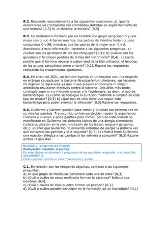 B.2. Responda razonadamente a las siguientes cuestiones: a) ¿podría
encontrarse un cromosoma con cromátidas distintas en algún momento de
una mitosis? [0,5] b) ¿y durante la meiosis? [0,5]
B.3. Un matrimonio formado por un hombre con grupo sanguíneo B y una
mujer con grupo A tienen una hija. Los padres del hombre tenían grupos
sanguíneos 0 y AB, mientras que los padres de la mujer eran 0 y A.
Atendiendo a esta información, conteste a las siguientes preguntas: a)
¿cuáles son los genotipos de los dos cónyuges? [0,4]; b) ¿cuáles son los
genotipos y fenotipos posibles de la hija del matrimonio? [0,4]; c) ¿sería
posible que el hombre negase la paternidad de la hija utilizando el fenotipo
de los grupos sanguíneos como criterio? [0,2]. Razone las respuestas
realizando los cruzamientos oportunos.
B.4. En enero de 2021, un hombre ingresó en un hospital con una erupción
en el brazo causada por la bacteria Mycobacterium chelonae; sus lesiones
no dejaron de agravarse ya que ni sus propios anticuerpos ni ningún
antibiótico resultaron efectivos contra la bacteria. Dos años más tarde,
consiguió superar su infección gracias a la fagoterapia, es decir, al uso de
bacteriófagos. a) ¿Cómo se consigue la curación mediante el empleo de este
tipo de terapia? [0,5] b) ¿Qué tipo de ciclo tiene que seguir este
bacteriófago para poder eliminar la infección? [0,5] Razone las respuestas.
B.5. Guillermo y Carmen quedan para comer y prueban por primera vez en
su vida las gambas. Transcurrido un tiempo deciden repetir la experiencia
culinaria y vuelven a pedir gambas para comer, pero en esta ocasión se
manifiestan en Guillermo los síntomas típicos de una alergia alimentaria
(urticaria, picazón en la piel, hinchazón de los labios, lengua y garganta,
etc.). a) ¿Por qué Guillermo no presentó síntomas de alergia la primera vez
que consumió las gambas y sí la segunda? [0,7] b) ¿Podría tener Guillermo
una reacción alérgica a las gambas si las volviera a consumir? [0,3] Razone
ambas respuestas.
BLOQUE C (preguntas de imagen)
Puntuación máxima: 2 puntos
En este bloque se plantean 5 preguntas de las que debe responder, a su elección,
SOLAMENTE 2.
Cada cuestión tendrá un valor máximo de 1 punto.
C.1. En relación con las imágenes adjuntas, conteste a las siguientes
preguntas:
a) ¿A qué grupo de moléculas pertenece cada una de ellas? [0,3]
b) ¿Cuál o cuáles de estas moléculas forman la sacarosa? Indique sus
nombres [0,4].
c) ¿Cuál o cuáles de ellas pueden formar un péptido? [0,2]
d) ¿Cuál o cuáles pueden participar en la formación de un nucleótido? [0,1]
 