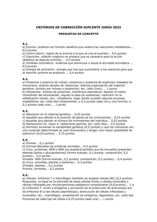 CRITERIOS DE CORRECCIÓN SUPLENTE JUNIO 2023
PREGUNTAS DE CONCEPTO
A.1.
a) Enzima: proteína con función catalítica que acelera las reacciones metabólicas...
0,4 puntos
b) Centro activo: región de la enzima a la que se une el sustrato... 0,4 puntos
c) Coenzima: cofactor orgánico no proteico que es necesario para la acción
catalítica de algunas enzimas ... 0,4 puntos
d) Inhibidor enzimático: molécula que disminuye o anula la actividad enzimática ...
0,4 puntos
e) Energía de activación: energía que hay que suministrar a los reactivos para que
la reacción química se produzca ... 0,4 puntos
A.2.
a) Presencia o ausencia de núcleo; presencia o ausencia de orgánulos rodeados de
membrana; distinto tamaño de ribosomas; distinta organización del material
genético; división por mitosis o bipartición; etc. (sólo cinco) ... 1 punto
b) Ribosomas: síntesis de proteínas; membrana plasmática: separar el medio
intracelular del extracelular; regular el paso de sustancias; intervenir en la
señalización celular; etc.; citoplasma: lugar donde suceden algunos procesos
metabólicos; etc. (sólo dos componentes, a 0,2 puntos cada uno y una función, a
0,3 puntos cada una) ... 1 punto
A.3.
a) Alteración en el material genético... 0,25 puntos
b) Aquellas que afectan a la posición de genes de los cromosomas... 0,25 puntos
c) Aquellas que afectan al número de cromosomas del individuo... 0,25 puntos
d) Radiaciones UV, rayos X, radiaciones gamma, etc. (sólo dos)... 0,5 puntos
e) Permiten aumentar la variabilidad genética (0,5 puntos) y que los individuos con
una mutación determinada se vean favorecidos y tengan una mayor posibilidad de
sobrevivir (0,25 puntos) … 0,75 puntos
A.4.
a) Priones... 0,1 puntos
b) Formas alteradas de proteínas normales... 0,4 puntos
c) Virus: proteínas, ADN o ARN (se aceptará también que los envueltos presentan
además lípidos y glucoproteínas) (forma acelular, 0,2 puntos; composición, 0,2
puntos)... 0,4 puntos
Viroides: ARN (forma acelular, 0,2 puntos; composición, 0,2 puntos)... 0,4 puntos
d) Virus: animales, plantas y bacterias... 0,3 puntos
Viroides: plantas... 0,2 puntos
Priones: animales... 0,2 puntos
A.5.
a) Células: linfocitos T y macrófagos (también se aceptan células NK) (0,2 puntos).
Respuesta: se basa en la actividad de estas células frente a células tumorales o
células infectadas por microorganismos patógenos intracelulares (0,8 puntos)... 1 p
b) Linfocitos T: unión a antígenos y activación de la producción de anticuerpos por
los linfocitos B (o las células plasmáticas); destrucción de células infectadas o
tumorales; etc.; macrófagos: presentación de antígenos; fagocitosis; etc. (sólo dos
funciones de cada tipo de célula a 0,25 puntos cada una) ... 1 punto
 