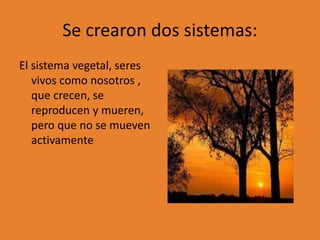 Se crearon dos sistemas:
El sistema vegetal, seres
vivos como nosotros ,
que crecen, se
reproducen y mueren,
pero que no se mueven
activamente
 