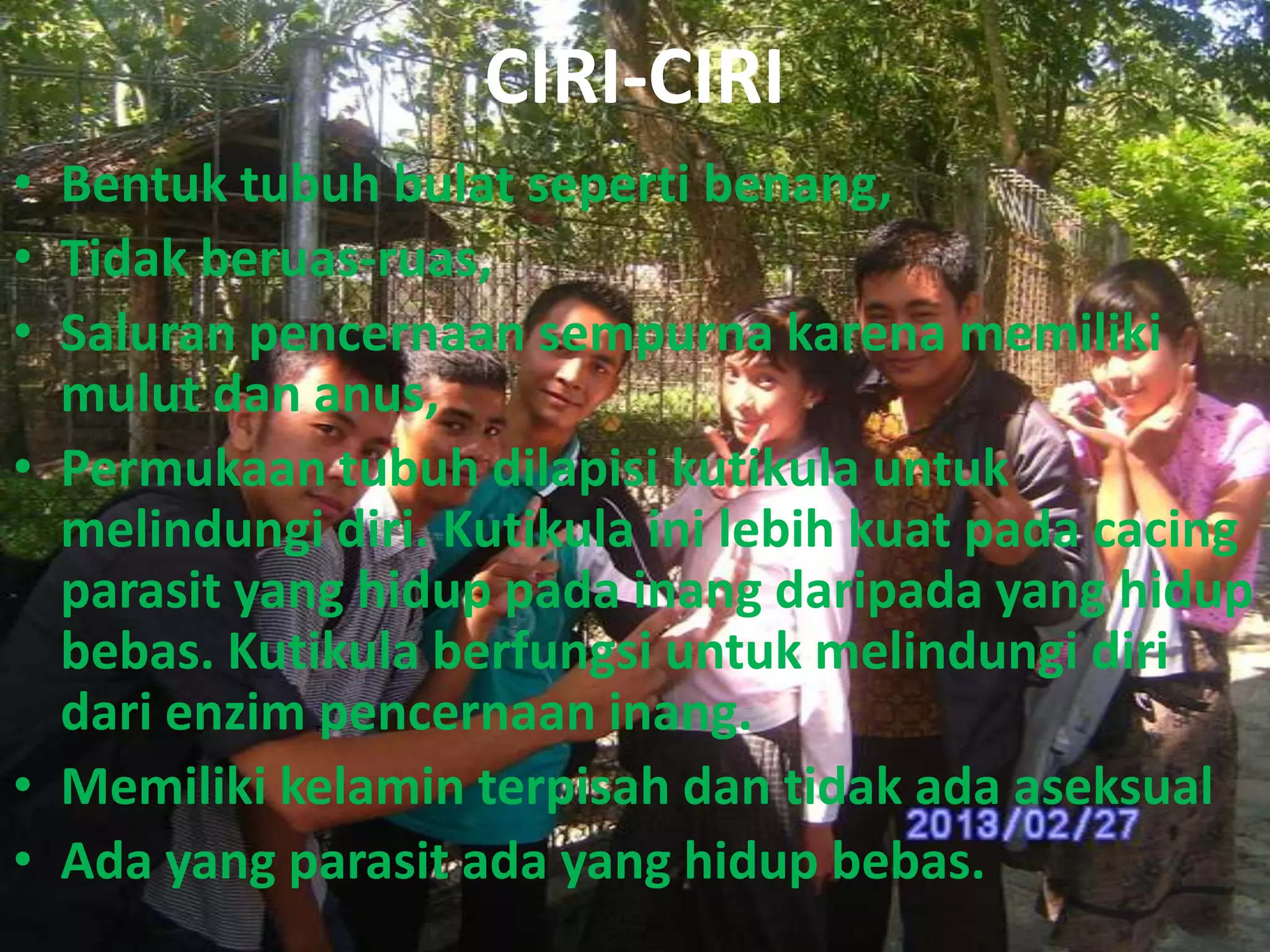 CIRI-CIRI
• Bentuk tubuh bulat seperti benang,
• Tidak beruas-ruas,
• Saluran pencernaan sempurna karena memiliki
mulut dan anus,
• Permukaan tubuh dilapisi kutikula untuk
melindungi diri. Kutikula ini lebih kuat pada cacing
parasit yang hidup pada inang daripada yang hidup
bebas. Kutikula berfungsi untuk melindungi diri
dari enzim pencernaan inang.
• Memiliki kelamin terpisah dan tidak ada aseksual
• Ada yang parasit ada yang hidup bebas.

 