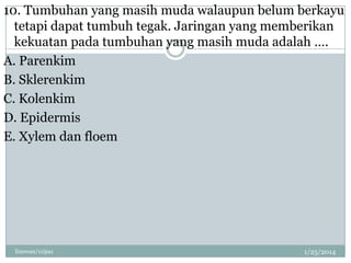 10. Tumbuhan yang masih muda walaupun belum berkayu
tetapi dapat tumbuh tegak. Jaringan yang memberikan
kekuatan pada tumbuhan yang masih muda adalah ….
A. Parenkim
B. Sklerenkim
C. Kolenkim
D. Epidermis
E. Xylem dan floem

linswan/11ipa1

1/25/2014

 