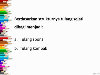 Berdasarkan strukturnya tulang sejati
dibagi menjadi:
a. Tulang spons
b. Tulang kompak

 