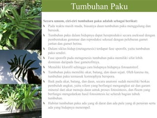 Tumbuhan Paku
Secara umum, ciri-ciri tumbuhan paku adalah sebagai berikut:
Pada waktu masih muda, biasanya daun tumbuhan paku menggulung dan
bersisik.
Tumbuhan paku dalam hidupnya dapat bereproduksi secara aseksual dengan
pembentukan gemmae dan reproduksi seksual dengan peleburan gamet
jantan dan gamet betina.
Dalam siklus hidup (metagenesis) terdapat fase sporofit, yaitu tumbuhan
paku sendiri.
Fase sporofit pada metagenesis tumbuhan paku memiliki sifat lebih
dominan daripada fase gametofitnya.
Memiliki klorofil sehingga cara hidupnya hidupnya fotoautotrof.
Tumbuhan paku memiliki akar, batang, dan daun sejati. Oleh karena itu,
tumbuhan paku termasuk kormophyta berspora.
Baik pada akar, batang, dan daun, secara anatomi sudah memiliki berkas
pembuluh angkut, yaitu xilem yang berfungsi mengangkut air dan garam
mineral dari akar menuju daun untuk proses fotosintesis, dan floem yang
berfungsi mengedarkan hasil fotosintesis ke seluruh bagian tubuh
tumbuhan.
Habitat tumbuhan paku ada yang di darat dan ada pula yang di perairan serta
ada yang hidupnya menempel.

 