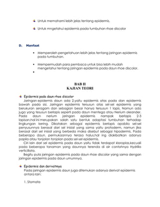 Untuk memahami lebih jelas tentang epidermis.
Untuk mngetahui epidermis pada tumbuhan rhoe discolor

D.

Manfaat



Memperoleh pengetahuan lebih jelas tentang jaringan epidermis
pada tumbuhan.



Mempermudah para pembaca untuk bisa lebih mudah
mengetahui tentang jaringan epidermis pada daun rhoe discolor.



BAB II
KAJIAN TEORI
Epidermis pada daun rhoe discolor
Jaringan epidermis daun ada 2,yaitu epidermis atas pada dan epidermis
bawah pada sisi. Jaringan epidermis tersusun atas sel-sel epidermis yang
berukuran seragam dan sebagian besar hanya tersusun 1 lapis. Namun ada
juga yang tesusun berlapis seperti pada daun mentega atau Nerium oleander.
Pada
daun
nerium
jaringan
epidermis
nampak
berlapis
2-3
lapisan,hal ini merupakan salah satu bentuk adaptasi tumbuhan terhadap
lingkungan kering. Dikatakan sebagai epidermis berlapis apabila sel-sel
penyusunnya berasal dari sel inisial yang sama yaitu protoderm, namun jika
berasal dari sel inisial yang berbeda maka disebut sebagai hipodermis. Pada
beberapa daun, permukaannya terasa halus,hal ing diakibatkan adanya
papila atau tonjolan tonjolan pada sel-sel epidermis.
Ciri lain dari sel epidermis pada daun yaitu tidak terdapat kloroplas,kecuali
pada beberapa tanaman yang daunnya terenda di air contohnya Hydrilla
verticillata.
Begitu pula jaringan epidermis pada daun rhoe discolor yang sama dengan
jaringan epidermis pada daun umumnya.
Epidermis dan derivatmya
Pada jaringan epidermis daun juga ditemukan adanya derivat epidermis
antara lain:
1. Stomata

 