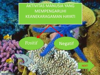 AKTIVITAS MANUSIA YANG
MEMPENGARUHI
KEANEKARAGAMAN HAYATI
Positif Negatif
NEXT