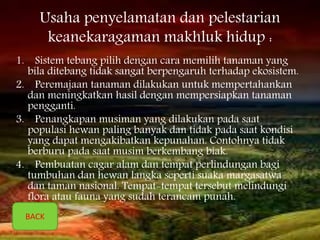 Usaha penyelamatan dan pelestarian
keanekaragaman makhluk hidup :
1. Sistem tebang pilih dengan cara memilih tanaman yang
bila ditebang tidak sangat berpengaruh terhadap ekosistem.
2. Peremajaan tanaman dilakukan untuk mempertahankan
dan meningkatkan hasil dengan mempersiapkan tanaman
pengganti.
3. Penangkapan musiman yang dilakukan pada saat
populasi hewan paling banyak dan tidak pada saat kondisi
yang dapat mengakibatkan kepunahan. Contohnya tidak
berburu pada saat musim berkembang biak.
4. Pembuatan cagar alam dan tempat perlindungan bagi
tumbuhan dan hewan langka seperti suaka margasatwa
dan taman nasional. Tempat-tempat tersebut melindungi
flora atau fauna yang sudah terancam punah.
BACK