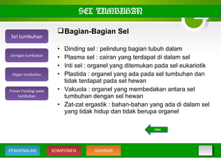 Bagian-Bagian Sel
• Dinding sel : pelindung bagian tubuh dalam
• Plasma sel : cairan yang terdapat di dalam sel
• Inti sel : organel yang ditemukan pada sel eukariotik
• Plastida : organel yang ada pada sel tumbuhan dan
tidak terdapat pada sel hewan
• Vakuola : organel yang membedakan antara sel
tumbuhan dengan sel hewan
• Zat-zat ergastik : bahan-bahan yang ada di dalam sel
yang tidak hidup dan tidak berupa organel
SEL TUMBUHAN
BACK
Sel tumbuhan
Organ tumbuhan
Jaringan tumbuhan
Proses Fisiologi pada
tumbuhan
KOMPONEN GAMBARPENGENALAN
 