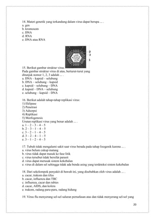 14. Materi genetik yang terkandung dalam virus dapat berupa ... .
a. gen
b. kromosom
c. DNA
d. RNA
e. DNA atau RNA

15. Berikut gambar struktur virus.
Pada gambar struktur virus di atas, berturut-turut yang
ditunjuk nomor 1, 2, 3 adalah ... .
a. DNA – kapsid – selubung
b. DNA – selubung – kapsid
c. kapsid – selubung – DNA
d. kapsid – DNA – selubung
e. selubung – kapsid – DNA
16. Berikut adalah tahap-tahap replikasi virus:
1) Eklipase
2) Penetrasi
3) Adsorpsi
4) Replikasi
5) Morfogenesis
Urutan replikasi virus yang benar adalah ... .
a. 1 – 2 – 3 – 4 – 5
b. 2 – 3 – 1 – 4 – 5
c. 3 – 2 – 1 – 4 – 5
d. 3 – 2 – 4 – 1 – 5
e. 3 – 1 – 2 – 4 – 5
17. Tubuh tidak mengalami sakit saat virus berada pada tahap lisogenik karena ... .
a. virus belum cukup matang
b. virus tidak dapat masuk ke fase litik
c. virus tersebut tidak bersifat parasit
d. virus dapat merusak sistem kekebalan
e. virus di dalam sel sehingga tidak ada benda asing yang terdeteksi sistem kekebalan
18. Dari sekelompok penyakit di bawah ini, yang disebabkan oleh virus adalah ... .
a. cacar, trakom dan tifus
b. cacar, influenza dan TBC
c. influenza, cacar dan rabies
d. cacar, AIDS, dan kolera
e. trakom, radang paru-paru, radang hidung
19. Virus flu menyerang sel-sel saluran pernafasan atas dan tidak menyerang sel-sel yang
20

 