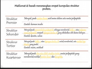 Maklumat di bawah menerangkan empat kumpulan struktur
protein.
Struktur
Premier
Merujuk pada urutan linear asid amino dalam satu rantai polipeptida.
Contoh: hormon insulin
Struktur
Sekunder
Merujuk pada pemintahalan polipeptida sehingga membentuk heliks-a atau pelipatan
rantai polipeptida menjadi kepingan berlisu-B yang dikekalkan oleh ikatan hidrogen.
Contoh: keratin, sutera
Strukrur
Tertier
Merujuk pada heliks-a atau kepingan berlisu-B untuk membentuk satu molekul tiga
dimensi yang padat.
Contoh: enzim, antibodi
Struktur
Kuarterner
Merujuk pada dua atau lebih struktur tertier rantai polipeptida yang
membentuk molekul protein besar dan kompleks.
 