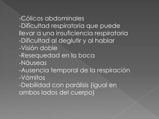 -Cólicos abdominales-Dificultad respiratoria que puede llevar a una insuficiencia respiratoria-Dificultad al deglutir y al hablar-Visión doble-Resequedad en la boca-Náuseas-Ausencia temporal de la respiración-Vómitos-Debilidad con parálisis (igual en ambos lados del cuerpo)
