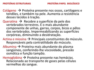 PROTEÍNAS ESTRUTURAIS PROTEÍNA PAPEL BIOLÓGICO
Colágeno  Proteína presente nos ossos, cartilagens e
tendões, e também na pele. Aumenta a resistência
desses tecidos à tração.
Queratina  Recobre a superfície da pele dos
vertebrados terrestres. É o mais abundante
componente de unhas, garras, corpos, bicos e pêlos
dos vertebrados. Impermeabilizando as superfícies
corpóreas, diminuindo a desidratação.
Actina e miosina  Principais constituintes do músculo.
Responsáveis pela contratilidade do músculo.
Albumina  Proteína mais abundante do plasma
sangüíneo, conferindo-lhe viscosidade, pressão
osmótica e função tampão.
Hemoglobina  Proteína presente nas hemácias.
Relacionada ao transporte de gases pelas células
vermelhas do sangue.
 