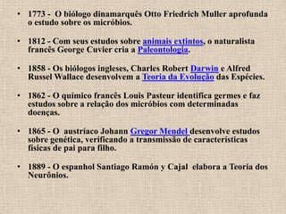 • 1773 - O biólogo dinamarquês Otto Friedrich Muller aprofunda
  o estudo sobre os micróbios.

• 1812 - Com seus estudos sobre animais extintos, o naturalista
  francês George Cuvier cria a Paleontologia.

• 1858 - Os biólogos ingleses, Charles Robert Darwin e Alfred
  Russel Wallace desenvolvem a Teoria da Evolução das Espécies.

• 1862 - O químico francês Louis Pasteur identifica germes e faz
  estudos sobre a relação dos micróbios com determinadas
  doenças.

• 1865 - O austríaco Johann Gregor Mendel desenvolve estudos
  sobre genética, verificando a transmissão de características
  físicas de pai para filho.

• 1889 - O espanhol Santiago Ramón y Cajal elabora a Teoria dos
  Neurônios.
 