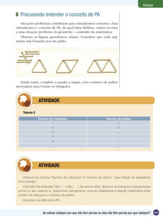 Biologia

 	 Procurando entender o conceito de PA
   Situações problemas contribuem para entendermos conceitos. Para
entendermos o conceito de PA, do qual falou Malthus, vamos recorrer
a uma situação problema da geometria – conteúdo da matemática.
   Observe as figuras geométricas abaixo. Considere que cada seg-
mento seja formado por um palito.




   Sendo assim, complete o quadro a seguir, com o número de palitos
necessários para formar os triângulos.



         	      ATIVIDADE

    Tabela 2
                Número de triângulos                                Número de palitos
                          1                                                  3
                          2                                                  5
                          3                                                 ....
                          4                                                 ....
                          5                                                 ....
                          ....                                              ....




         	      ATIVIDADE

     Observe as colunas “Número de triângulos” e“ Número de palitos”. Que relação se estabelece
 entre ambas?
    Está difícil de entender? Sim ( ) Não ( ). Se estiver difícil, desenhe os triângulos representados
 acima no seu caderno e, observando atentamente, procure estabelecer a relação matemática entre
 número de triângulos e números de palitos.
    Expresse sua idéia sobre PA.



                   As cobras rastejam por que não têm pernas ou elas não têm pernas por que rastejam? 101
 