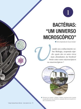 Biologia




                                                                                                                        1
                                                                       BACTÉRIAS:
                                                                    “UM UNIVERSO
                                                                   MICROSCÓPICO”
                                                                                               Dione Aparecida de Souza Durães1



                                                                                 sando seu conhecimento so-
                                                                                 bre Biologia, responda rápi-
                                                                                do: quais são os seres vivos
                                                                               mais abundantes da biosfera?
                                                                              Serão estes seres microscópicos
                                                                            ou macroscópicos ?




                                                               Elementos que compõem a Biosfera. A Biosfera compreende parte do planeta
                                                                ocupada pelos seres vivos. Geralmente, a expressão refere-se ao conjunto de to-
                                                                dos os ecossistemas da Terra.
Colégio Estadual Narciso Mendes - Santa Isabel do Ivaí - PR
1



                                                                                    Bactérias: “um universo microscópico”                         15
 