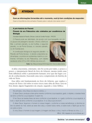 Biologia



           	         ATIVIDADE

     Com as informações fornecidas até o momento, você já tem condições de responder:
     Qual a importância dos achados fósseis para o estudo dos seres vivos?



     A pré-história do Paraná
     Fósseis da era Paleozóica são coletados por acadêmicos de
     Biologia
     (Faculdade Estadual de Filosofia, Ciências e Letras de Cornélio Procópio - FAFICOP)
     O Paraná pode ser delimitado, de acordo com sua topografia, em cin-
 co grupos de paisagens naturais: o litoral, a Serra do
 Mar, o primeiro planalto, ou de Curitiba, o segundo
 planalto, ou de Ponta Grossa, e o terceiro planalto,
 ou de Guarapuava.
     A constituição litológica do segundo planalto – o
 Planalto de Ponta Grossa – é devido a depósitos se-
 dimentares, ocorridos em ambientes marinho e con-
 tinental, formados na era Paleozóica, com idades
 oscilando entre 570 e 230 milhões de anos a.C.
                               Fonte: http://faficp.br/noticias/2004/ndxpai.html. Foto de Juliana Gomes.


    A idéia criacionista, entretanto, não foi aceita por todos, e pouco a
pouco, a interpretação literal do livro do Gênesis, mesmo tendo uma
forte influência sobre o pensamento humano, teve que dar lugar a se-
de de conhecimento, buscando uma nova compreensão da história da
vida na Terra.
    Essa idéia está fundamentada no livro do Gênesis, que explica a
criação da Terra e de todos os seres vivos como obra de Deus. Leia no
box abaixo alguns fragmentos da criação, segundo a visão bíblica:

     No princípio, criou Deus os céus e a terra.(...)
     E disse Deus: produza a terra alma vivente conforme a sua espécie; gado, e répteis, e bestas-feras
 da terra conforme a sua espécie. E assim foi.
     E fez Deus as bestas-feras da terra conforme a sua espécie, e o gado conforme a sua espécie, e
 todo o réptil da terra conforme a sua espécie. E viu Deus que era bom.
     E disse Deus: façamos o homem à nossa imagem, conforme a nossa semelhança; e domine so-
 bre os peixes do mar, sobre as aves dos céus, e sobre toda a terra, e sobre todo o réptil que se mo-
 ve sobre a terra.
     E criou Deus o homem à sua imagem; à imagem de Deus o criou; macho e fêmea os criou. (...)
                                                                                           BÍBLIA, 1995. Adaptado do Livro do Gênesis cap.1.



                                                                                           Bactérias: “um universo microscópico”               17
 