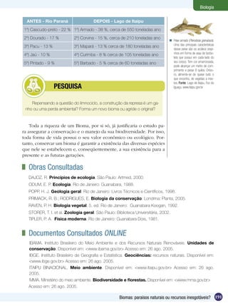 Biologia

  ANTES - Rio Paraná                   DEPOIS - Lago de Itaipu
1º) Cascudo-preto - 22 % 1º) Armado - 38 %, cerca de 550 toneladas ano
2º) Dourado - 17 %          2º) Corvina - 15 %, cerca de 210 toneladas ano
                                                                                  Peixe armado (Pterodoras granulosos).
                                                                                   Uma das principais características
3º) Pacu - 13 %             3º) Mapará - 13 % cerca de 180 toneladas ano
                                                                                   desse peixe são os acúleos (espi-
4º) Jaú - 10 %              4º) Curimba - 8 % cerca de 105 toneladas ano           nhos em forma de asas de borbo-
                                                                                   leta que possui em cada lado do
5º) Pintado - 9 %           5º) Barbado - 5 % cerca de 60 toneladas ano            seu corpo). Tem cor amarronzada,
                                                                                   pode alcançar um metro de com-
                                                                                   primento e pesar 8 quilos. Onívo-
                                                                                   ro, alimenta-se de quase tudo o
                                                                                   que encontra, de vegetais a inse-
                                                                                   tos. Fonte: Lago de Itaipu, Foz do
         	        PESQUISA                                                         Iguaçu. www.itaipu.gov.br



    Repensando a questão do limnociclo, a construção da represa é um ga-
 nho ou uma perda ambiental? Forma um novo bioma ou agride o original?


    Toda a riqueza de um Bioma, por si só, já justificaria o estudo pa-
ra assegurar a conservação e o manejo da sua biodiversidade. Por isso,
toda forma de vida possui o seu valor econômico ou ecológico. Por-
tanto, conservar um bioma é garantir a existência das diversas espécies
que nele se estabelecem e, conseqüentemente, a sua existência para a
presente e as futuras gerações.

 	 Obras Consultadas
   DAJOZ, R. Princípios de ecologia. São Paulo: Artmed, 2000.
   ODUM, E. P. Ecologia. Rio de Janeiro: Guanabara, 1988.
   POPP, H. J. Geologia geral. Rio de Janeiro: Livros Técnicos e Científicos, 1998.
   PRIMACK, R. B.; RODRIGUES, E. Biologia da conservação. Londrina: Planta, 2005.
   RAVEN, P. H. Biologia vegetal. 5. ed. Rio de Janeiro: Guanabara Koogan, 1992.
   STORER, T. I. et al. Zoologia geral. São Paulo: Biblioteca Universitária, 2002.
   TIPLER, P. A. Física moderna. Rio de Janeiro: Guanabara Dois, 1981.


 	 Documentos Consultados Online
   IBAMA. Instituto Brasileiro do Meio Ambiente e dos Recursos Naturais Renováveis. Unidades de
   conservação. Disponível em: <www.ibama.gov.br> Acesso em: 26 ago. 2005.
   IBGE. Instituto Brasileiro de Geografia e Estatística. Geociências: recursos naturais. Disponível em:
   <www.ibge.gov.br> Acesso em: 26 ago. 2005.
   ITAIPU BINACIONAL. Meio ambiente. Disponível em: <www.itaipu.gov.br> Acesso em: 26 ago.
   2005.
   MMA. Ministério do meio ambiente. Biodiversidade e florestas. Disponível em: <www.mma.gov.br>
   Acesso em: 26 ago. 2005.

                                                     Biomas: paraísos naturais ou recursos inesgotáveis? 191
 