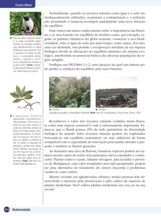 Ensino Médio

                                              Normalmente, quando os recursos naturais como água e o solo são
                                          inadequadamente utilizados, ocasionam a contaminação e a poluição
                                          não permitindo à natureza recompor rapidamente uma nova situação
                                          de equilíbrio.
                                              Hoje temos um maior conhecimento sobre a importância das flores-
                                          tas e as suas funções no equilíbrio da biosfera como, por exemplo, re-
    Soim-de-coleira (Saguinus bicolor)   gular os padrões climáticos do globo terrestre, conservar a rica biodi-
     é um sagüi encontrado origina-
     riamente na Amazônia brasileira,     versidade, reter a água no solo por mais tempo, entre outras. Por isso,
     mais especificamente na cidade       uma vez destruída, não permite a recuperação imediata da sua riqueza
     de Manaus e seus arredores. Com
     a expansão da cidade de Ma-
                                          biológica devido às alterações no equilíbrio dinâmico do sistema eco-
     naus e o conseqüente desma-          lógico, interferindo no potencial biótico das diversas populações da re-
     tamento, a pergunta é: encon-        gião atingida.
     tra-se ameaçado de extinção ou
     já está extinto? Fonte: Prefeitu-        Verifique nas FIGURAS 1 e 2, uma situação na qual um sistema po-
     ra Municipal de Manaus, Amazo-       de perder a condição de equilíbrio pela ação humana.
     nas. www.manaus.am.gov.br




                                              FIGURA 1                                                FIGURA 2
                                             Situações de equilíbrio e desequilíbrio Ambiental. Fonte: Fotos de Joel Weçolovis, Ponta Grossa, Paraná, 2005.
    A Ipecacuanha ( Psychotria
     ipecacuanha) é uma planta da fa-
     mília Rubiaceae, muito comum no          Reconhecer o valor dos recursos naturais contidos numa flores-
     Brasil. As suas raizes contém um     ta como uma riqueza essencial à vida é extremamente importante. Es-
     poderoso antiemético (inibidor do
     reflexo do vômito) também deno-      tima-se que o Brasil possua 25% de todo patrimônio da diversidade
     minado Ipecacuanha. Foi introdu-     biológica do mundo. Estes recursos naturais podem ser explorados
     zida na Europa em 1672 por Le-       buscando-se um equilíbrio sustentável, ou seja, utilizá-los de forma
     gros, um viajante na América do
     Sul. Foi usada no tratamento da      compatível com a capacidade de renovação procurando atender a pre-
     disenteria e vendida pelo médico     sente e também as futuras gerações.
     francês Helvetius sob licença de
     Luis XIV. Hoje em dia os fárma-          Ao desmatar uma área de floresta, inúmeras espécies podem ser ex-
     cos purificados, cefaleína e eme-    tintas mesmo antes de terem seus princípios ativos estudados e conhe-
     tina, ainda são usados como an-
     tieméticos. Fonte: GNU Free Doc.     cidos. Plantas como o curare, inhame selvagem, ipecacuanha e pervin-
     License, www.wikipedia.org           ca de Madagascar, cujo valor terapêutico tem sido pesquisado, podem
                                          ser uma alternativa no tratamento do câncer, leucemia e problemas
                                          cardíacos, entre outros.
                                              Mesmo vivendo em aglomerados urbanos, muitas pessoas têm de-
                                          senvolvido o interesse pela preservação e pelo cultivo de espécies de
                                          plantas medicinais. Você cultiva plantas medicinais em casa ou na sua
                                          escola?




214 Biodiversidade
 