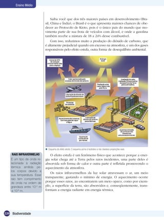 Ensino Médio



                                 Saiba você que dos três maiores países em desenvolvimento (Bra-
                            sil, China e Índia), o Brasil é o que apresenta maiores chances de obe-
                            decer ao Protocolo de Kioto, pois é o único país do mundo que mo-
                            vimenta parte de sua frota de veículos com álcool, e onde a gasolina
                            também recebe a mistura de 18 a 24% desse combustível.
                                 Com isso, reduzimos muito a produção do dióxido de carbono, que
                            é altamente prejudicial quando em excesso na atmosfera, e um dos gases
                            responsáveis pelo efeito estufa, outra forma de desequilíbrio ambiental.




                             Esquema do efeito estufa. O esquema acima é ilustrativo e não obedece proporções reais.

     RAIO INFRAVERMELHO         O efeito estufa é um fenômeno físico que acontece porque a ener-
    É um tipo de onda re-   gia solar chega até a Terra pelos raios incidentes, uma parte deles é
    lacionada à radiação    absorvida sob forma de calor e outra parte é refletida promovendo o
    térmica emitida pe-     aquecimento da atmosfera.
    los corpos devido a
                                Os raios infravermelhos da luz solar atravessam o ar, um meio
    sua temperatura. Esse
                            transparente, gastando o mínimo de energia. O aquecimento ocorre
    raio tem comprimento
    de onda na ordem de     porque esses raios, ao encontrarem um meio opaco, como por exem-
    grandeza entre 10-3 m   plo, a superfície da terra, são absorvidos e, conseqüentemente, trans-
     a 10-6 m.              formam a energia radiante em energia térmica.




220 Biodiversidade
 