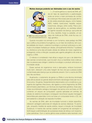 Ensino Médio


                                   Muitas doenças poderão ser dizimadas com o uso de vacina
                                                                               (...) A vacina gênica ou vacina de DNA, ain-
                                                                           da em fase de experimento e padronização,
                                                                           pode se tornar a maior promessa de comba-
                                                                           te a doenças infecciosas para as quais até ho-
                                                                           je não existe prevenção segura, como herpes,
                                                                           AIDS, malária, tuberculose, hepatite, esquis-
                                                                           tossomose, dengue, entre outras. Para a pro-
                                                                           dução da vacina gênica, os cientistas retiram
                                                                           do agente causador da doença, que pode ser
                                                                           um vírus, bactéria, fungo ou parasita, um pe-
                                Fonte: Figura cedida por Drogaria Catari- daço da molécula de DNA, onde fica seu có-
                                 nense, www.drogariascatarinense.com.br digo genético.

                                   Quando inoculado nos animais ou em humanos, esse pedaço de DNA
                               que codifica uma proteína imunogênica, ou um fator de virulência, tem a po-
                               tencialidade de induzir o sistema imunológico a produzir anticorpos ou esti-
                               mular a imunidade mediada por células, principalmente linfócitos T auxiliares
                               ou citotóxicos (uma das principais células de defesa de nosso organismo),
                               protegendo contra a infecção causada pelo agente patogênico de onde se
                               originou o DNA.
                                  O método é considerado mais eficaz e seguro do que o de determina-
                               das vacinas convencionais, que inoculam vírus ou bactérias vivas e atenua-
                               das na pessoa para obrigar o sistema imunológico a produzir anticorpos ou
                               imunidade celular.
                                   Essas vacinas de organismos vivos e atenuados, embora funcionem
                               muito bem, oferecem uma certa margem de risco de que a pessoa acabe
                               contaminada pela doença que se pretende prevenir. Com a vacina de DNA
                               isso não acontece.
                                   Atualmente, o isolamento de genes ou DNAs é uma técnica dominada
                               pela ciência devido ao grande desenvolvimento da biologia molecular nos úl-
                               timos anos. Os genes, freqüentemente relacionados com a virulência ou pa-
                               togenia dos agentes infecciosos, são ligados a outros fragmentos de DNA,
                               denominados plasmídeos, por técnicas de engenharia genética. Esse plas-
                               mídeo recombinante carrega a mensagem da vacina como se fosse um CD
                               contendo um arquivo de computador: quando aplicadas em animais, as
                               células do sistema imunológico conseguem reconhecer aquela mensagem
                               transmitida pelo plasmídeo como se fosse um computador lendo o CD, de-
                               sencadeando a ativação da resposta imunitária.
                                   As vacinas de DNA, além da imunidade humoral e celular específica,
                               oferecem vantagens adicionais em relação às vacinas clássicas: “A vacina-
                               ção, enquanto medida de saúde pública, requer a indução de imunidade
                               duradoura. A maioria das vacinas usadas em programas de vacinação in-
                               fantil requer a administração de sucessivas doses de reforço com revacina-
                               ções periódicas. Com a vacina gênica esse problema seria resolvido uma


264 Implicações dos Avanços Biológicos no Fenômeno VIDA
 