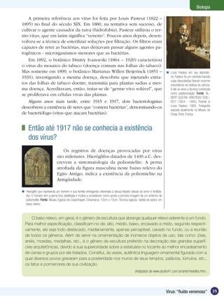 Biologia

    A primeira referência aos vírus foi feita por Louis Pasteur (1822 –
1895) no final do século XIX. Em 1880, na tentativa sem sucesso, de
cultivar o agente causador da raiva (hidrofobia), Pasteur utilizou o ter-
mo vírus, que em latim significa “veneno”. Poucos anos depois, desen-
volveu-se a técnica de esterilizar soluções por filtração. Os filtros eram
capazes de reter as bactérias, mas deixavam passar alguns agentes pa-
togênicos - microrganismos menores que as bactérias.
    Em 1892, o botânico Dmitry Ivanovski (1864 – 1920) caracterizou
o vírus do mosaico do tabaco (doença comum nas folhas do tabaco).
Mas somente em 1899, o botânico Mariunus Willen Beijerinck (1851 –                                                     Louis Pasteur em seu laborató-
1931), investigando a mesma doença, descobriu que injetando extra-                                                      rio. Pasteur foi um cientista francês
                                                                                                                        cujas descobertas tiveram enorme
tos das folhas de tabaco doente, transmitia para plantas sadias a mes-                                                  importância na história da ciência.
ma doença. Acreditavam, então, tratar-se de “germe vivo solúvel”, que                                                   A ele se deve a técnica conhecida
se proliferava em células vivas das plantas.                                                                            como pasteurização. Fonte: AL-
                                                                                                                        BERT GUSTAF ARISTIDES EDEL-
    Alguns anos mais tarde, entre 1915 e 1917, dois bacteriologistas                                                    FELT (1854 - 1905), Portrait of
descobrem a existência de seres que “comem bactérias”, denominando-os                                                   Louis Pasteur, 1885, Fotografia
                                                                                                                        exposta atualmente no Museu de
de bacteriófago (vírus que atacam bactérias).                                                                           Orsay, Paris, França.



  	 Então até 1917 não se conhecia a existência
    dos vírus?
                                Os registros de doenças provocadas por vírus
                            são milenares. Hieróglifos datados de 1400 a.C. des-
                            crevem a sintomatologia da poliomielite. A perna
                            atrofiada da figura masculina neste baixo relevo do
                            Egito Antigo, indica a existência da poliomielite na
                            Antigüidade.

 Hieróglifo que representa um homem e sua família entregando oferendas à deusa Astarte (deusa do amor e fertilida-
  de). O homem tem a perna fina, debilitada e muitos a consideram como sendo a primeira imagem de um enfermo de
  poliomielite. Fonte: Museu Egípcio de Copenhagen, Dinamarca. 10cm x 15cm. Técnica egípcia: ‘estela de pedra’ em
  baixo relevo.



      O baixo relevo, em geral, é o gênero de escultura que abrange qualquer relevo aderente a um fundo.
  Para melhor especificação, classificam-no de: alto, médio, baixo, encavado e misto, segundo respecti-
  vamente, ele seja todo destacado, medianamente, apenas perceptível, cavado no fundo, ou a reunião
  de todos os gêneros. Além de servir na ornamentação de inúmeros objetos de uso, tais como: jóias,
  anéis, moedas, medalhas, etc., é o gênero de escultura preferido na decoração das grandes superfí-
  cies arquitetônicas, devido à sua superioridade sobre a estatuária no tocante ao melhor encadeamento
  de cenas e grupos por ele tratados. Constitui, às vezes, autêntica linguagem ornamental figurada com a
  qual diversos povos gravaram para a posteridade nos muros de seus templos, palácios, túmulos, etc.,
  os fatos e pormenores de sua civilização.
                                                                                            (Adaptado de www.studio41.com.br/arte/medalha.htm).




                                                                                                                      Vírus: “fluído venenoso”                  35
 