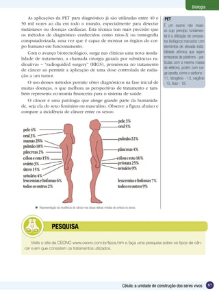 Biologia

    As aplicações da PET para diagnóstico já são utilizadas entre 40 e                                 PET
50 mil vezes ao dia em todo o mundo, especialmente para detectar                                       É um exame não invasi-
metástases ou doenças cardíacas. Esta técnica tem mais precisão que                                    vo cujo princípio fundamen-
os métodos de diagnóstico conhecidos como raios-X ou tomografia                                        tal é a utilização de compos-
computadorizada, uma vez que é capaz de mostrar os órgãos do cor-                                      tos biológicos marcados com
po humano em funcionamento.                                                                            elementos de elevada insta-
    Com o avanço biotecnológico, surge nas clínicas uma nova moda-                                     bilidade atômica que sejam
lidade de tratamento, a chamada cirurgia guiada por substâncias ra-                                    emissores de pósitrons - par-
dioativas – “radioguided surgery” (RIGS), promissora no tratamento                                     tículas com a mesma massa
                                                                                                       de elétrons, porém com car-
de câncer ao permitir a aplicação de uma dose controlada de radia-
                                                                                                       ga oposta, como o carbono -
ção a um tumor.
                                                                                                       11, nitrogênio - 13, oxigênio
    O uso desses métodos permite obter diagnósticos na fase inicial de                                 - 15, flúor - 18.
muitas doenças, o que melhora as perspectivas de tratamento e tam-
bém representa economia financeira para o sistema de saúde.
    O câncer é uma patologia que atinge grande parte da humanida-
de, seja ela do sexo feminino ou masculino. Observe a figura abaixo e
compare a incidência de câncer entre os sexos:




        Representação da incidência de câncer nas faixas etárias médias de ambos os sexos.




         	          PESQUISA

     Visite o site da CEONC www.ceonc.com.br/tipos.htm e faça uma pesquisa sobre os tipos de cân-
 cer e em que consistem os tratamentos utilizados.




                                                                               Célula: a unidade de construção dos seres vivos         57
 