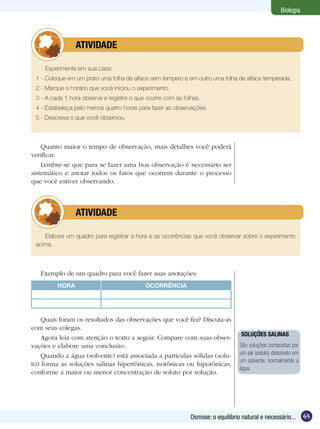 Biologia




         	      ATIVIDADE

    Experimente em sua casa:
 1 - Coloque em um prato uma folha de alface sem tempero e em outro uma folha de alface temperada.
 2 - Marque o horário que você iniciou o experimento.
 3 - A cada 1 hora observe e registre o que ocorre com as folhas.
 4 - Estabeleça pelo menos quatro horas para fazer as observações.
 5 - Descreva o que você observou.



    Quanto maior o tempo de observação, mais detalhes você poderá
verificar.
    Lembre-se que para se fazer uma boa observação é necessário ser
sistemático e anotar todos os fatos que ocorrem durante o processo
que você estiver observando.



         	      ATIVIDADE

    Elabore um quadro para registrar a hora e as ocorrências que você observar sobre o experimento
 acima.



   Exemplo de um quadro para você fazer suas anotações:
         HORA                              OCORRÊNCIA




    Quais foram os resultados das observações que você fez? Discuta-as
com seus colegas.
                                                                                  SOLUÇÕES SALINAS
    Agora leia com atenção o texto a seguir. Compare com suas obser-
vações e elabore uma conclusão.                                                  São soluções compostas por
    Quando a água (solvente) está associada a partículas sólidas (solu-          um sal (soluto) dissolvido em
                                                                                 um solvente, normalmente a
to) forma as soluções salinas hipertônicas, isotônicas ou hipotônicas,
                                                                                 água.
conforme a maior ou menor concentração de soluto por solução.




                                                             Osmose: o equilíbrio natural e necessário...        65
 