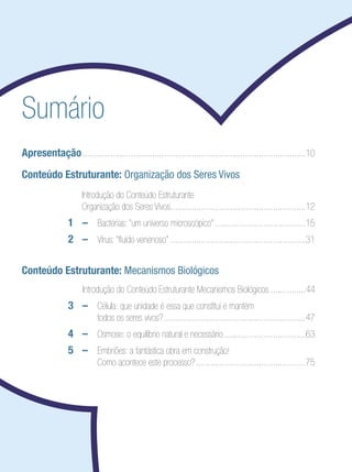 Sumário
Apresentação	. ...............................................................................................10
Conteúdo Estruturante: Organização dos Seres Vivos
 	                 	 Introdução do Conteúdo Estruturante	
                      Organização dos Seres Vivos. .........................................................12
                                                 .
      	          1	 –	 Bactérias: “um universo microscópico”........................................15
     	           2	 –	 Vírus: “fluído venenoso” ..........................................................31
  	
Conteúdo Estruturante: Mecanismos Biológicos
 	                 	 Introdução do Conteúdo Estruturante Mecanismos Biológicos................44
     	           3	 –	 Célula: que unidade é essa que constitui e mantém 	
                            todos os seres vivos?..............................................................47
     	           4	 –	 Osmose: o equilíbrio natural e necessário....................................63
     	           5	 –	 Embriões: a fantástica obra em construção! 	
                            Como acontece este processo?................................................75
 