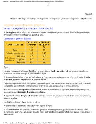 Matérias > Biologia > Citologia > Citoplasma > Composição Química e Bioquímica - Metabolismo

                                                                      1_8



                                                                                                  Página 1

           Matérias > Biologia > Citologia > Citoplasma > Composição Química e Bioquímica - Metabolismo


 Composição química e bioquímica- Metabolismo
 ESTRUTURA QUÍMICA E METABOLISMO CELULAR
 A Citologia estuda a célula, sua estrutura e funções. No entanto para podermos entender bem uma célula
 precisamos primeiro conhecer do que ela é feita.
 Componentes químicos da célula
                                      CÉLULAS             CÉLULAS
     CONSTITUINTES                    ANIMAIS             VEGETAIS
                                         %                   %
                Água                     60                  75
     Substâncias minerais                   4,3                2,45
                       Glicídios            6,2                18,0
    Substâncias
     orgânicas         Lipídios            11,7                 0,5
                       Proteínas           17,8                 4,0

 Água
 Um dos componentes básicos da célula é a água. A água é solvente universal; para que as substâncias
 possam se encontrar e reagir, é preciso existir água.
 A água também ajuda a evitar variações bruscas de temperatura, pois apresenta valores elevados de calor
 específico, calor de vaporização e calor de fusão.
 Organismos pecilotérmicos não podem viver em lugares com temperaturas abaixo de zero, pois como não
 são capazes de controlar a temperatura do corpo a sua água congelaria e os levaria à morte.
 Nos processos de transporte de substâncias, intra e extracelulares, a água tem importante participação,
 assim como na eliminação de excretas celulares.
 A água também tem função lubrificante, estando presente em regiões onde há atrito, como por exemplo,
 nas articulações.
 Variação da taxa de água nos seres vivos.
 A quantidade de água varia de acordo com alguns fatores:
 1º - Metabolismo: é o conjunto de reações químicas de um organismo, podendo ser classificado como
 metabolismo energético e plástico. Quanto maior a atividade química (metabolismo) de um órgão, maior o
 teor hídrico.



file:///C|/html_10emtudo/Biologia/html_biologia_total.htm (1 of 472) [05/10/2001 21:56:08]
 