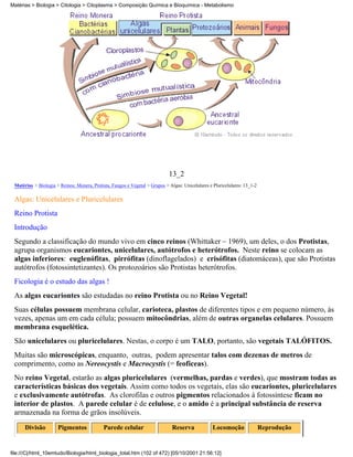 Matérias > Biologia > Citologia > Citoplasma > Composição Química e Bioquímica - Metabolismo




                                                                             13_2
 Matérias > Biologia > Reinos: Monera, Protista, Fungos e Vegetal > Grupos > Algas: Unicelulares e Pluricelulares: 13_1-2

 Algas: Unicelulares e Pluricelulares
 Reino Protista
 Introdução
 Segundo a classificação do mundo vivo em cinco reinos (Whittaker – 1969), um deles, o dos Protistas,
 agrupa organismos eucariontes, unicelulares, autótrofos e heterótrofos. Neste reino se colocam as
 algas inferiores: euglenófitas, pirrófitas (dinoflagelados) e crisófitas (diatomáceas), que são Protistas
 autótrofos (fotossintetizantes). Os protozoários são Protistas heterótrofos.
 Ficologia é o estudo das algas !
 As algas eucariontes são estudadas no reino Protista ou no Reino Vegetal!
 Suas células possuem membrana celular, carioteca, plastos de diferentes tipos e em pequeno número, às
 vezes, apenas um em cada célula; possuem mitocôndrias, além de outras organelas celulares. Possuem
 membrana esquelética.
 São unicelulares ou pluricelulares. Nestas, o corpo é um TALO, portanto, são vegetais TALÓFITOS.
 Muitas são microscópicas, enquanto, outras, podem apresentar talos com dezenas de metros de
 comprimento, como as Nereocystis e Macrocystis (= feofíceas).
 No reino Vegetal, estarão as algas pluricelulares (vermelhas, pardas e verdes), que mostram todas as
 características básicas dos vegetais. Assim como todos os vegetais, elas são eucariontes, pluricelulares
 e exclusivamente autótrofas. As clorofilas e outros pigmentos relacionados à fotossíntese ficam no
 interior de plastos. A parede celular é de celulose, e o amido é a principal substância de reserva
 armazenada na forma de grãos insolúveis.
      Divisão         Pigmentos              Parede celular                    Reserva             Locomoção                Reprodução


file:///C|/html_10emtudo/Biologia/html_biologia_total.htm (102 of 472) [05/10/2001 21:56:12]
 